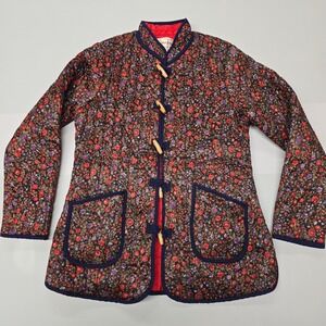 Vintage Mandarin Quilted Floral Jacket Kimono Style Toggle Buttons Red Blue S
